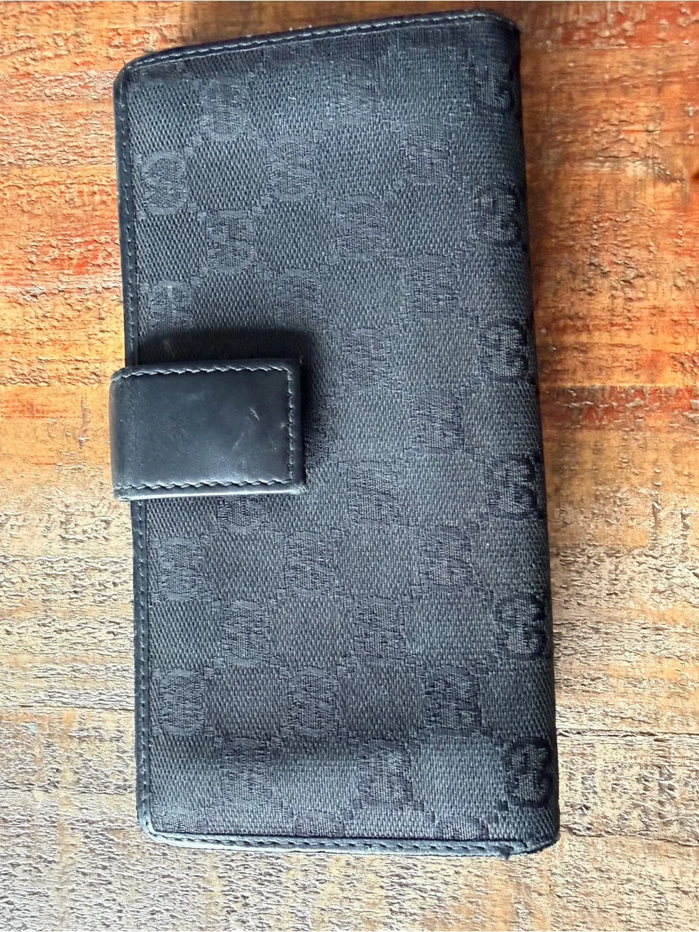 Gucci Black GG Monogram Long Wallet with Gold Emblem